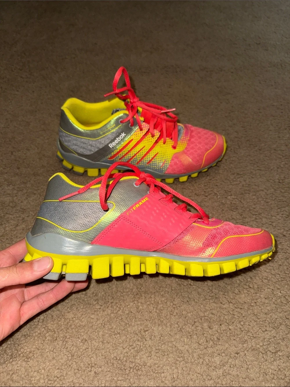 Reebok Women Coral Pink and Bright Yellow Athletic Trainers